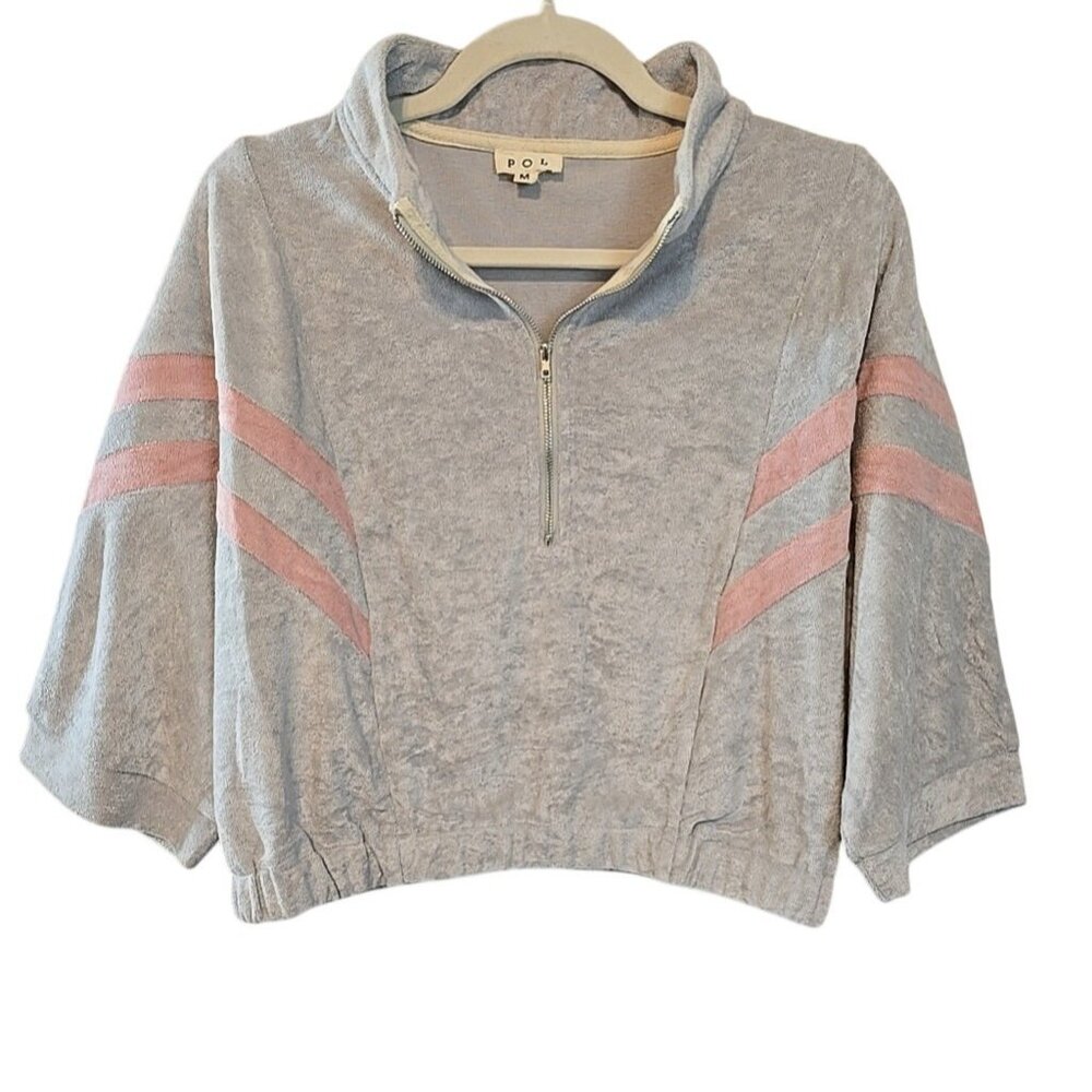 Y2K Velour Crop top 1/4 zip dolman sleeves mob wife size M gray and pink POL